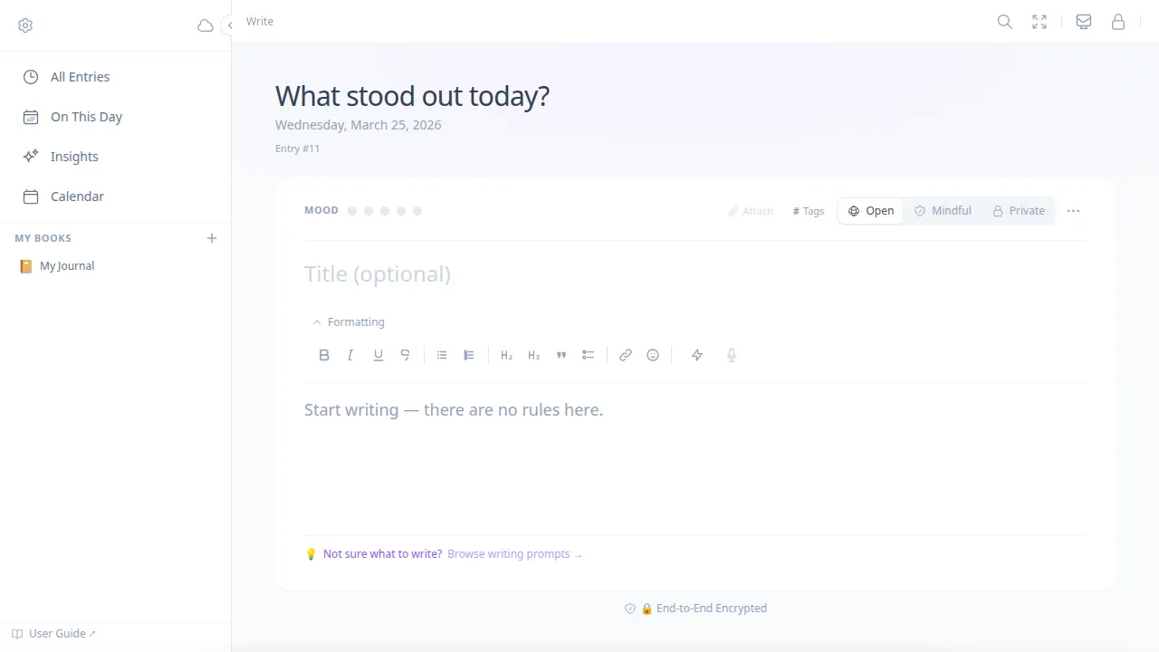 MoodHaven Journal writing view — a five-level mood scale, rich-text editor, and an end-to-end-encrypted footer